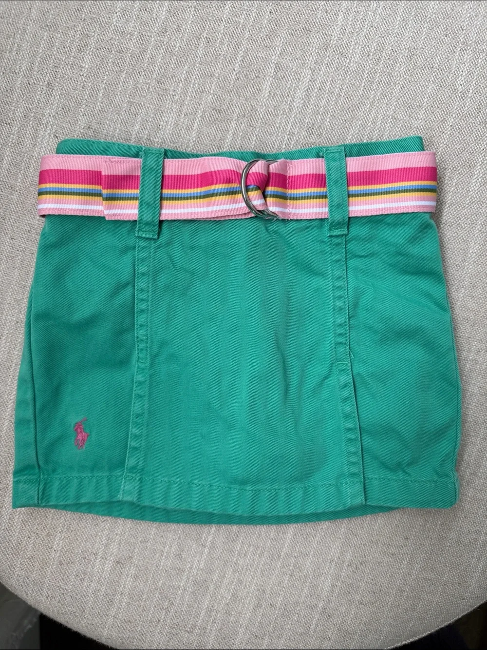 Ralph Lauren Green Toddler Knit Skort with Pink Striped Belt - 12 months